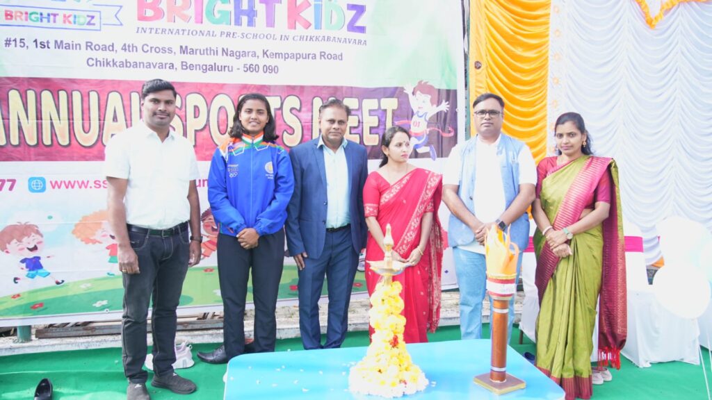 Dignitaries lighting traditional lamp inaugurating Annual Sports Meet, SSCT Bright Kidz