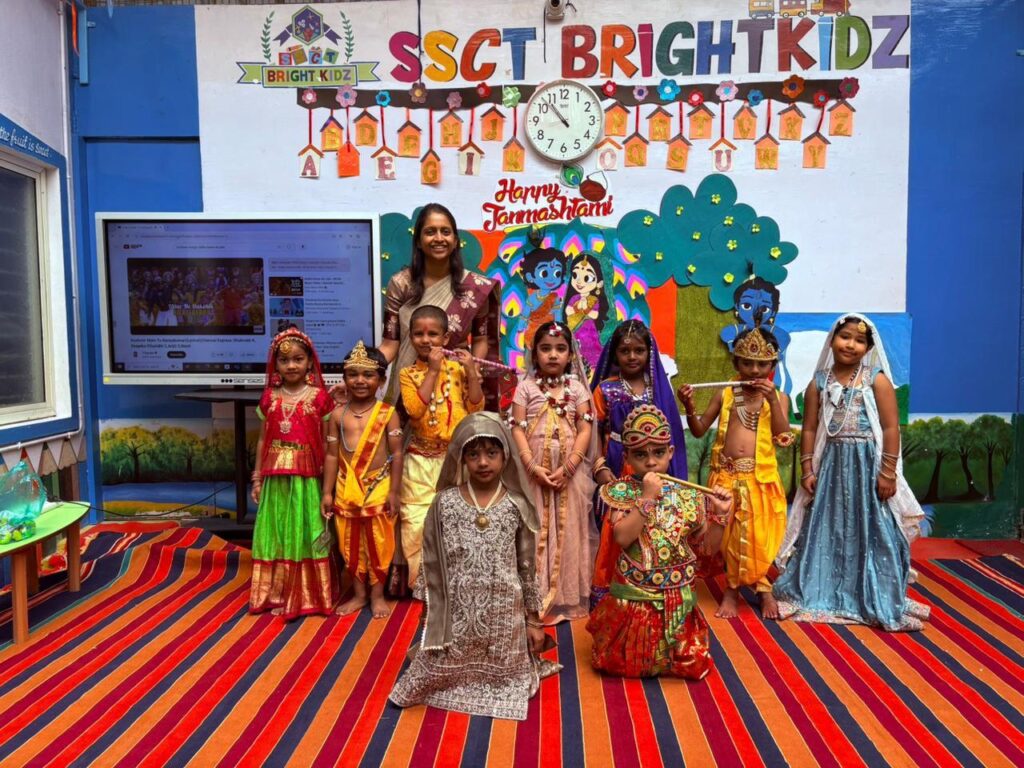 Children dressed as Krishna & Radha celebrating Janmashtami at SSCT Bright Kidz